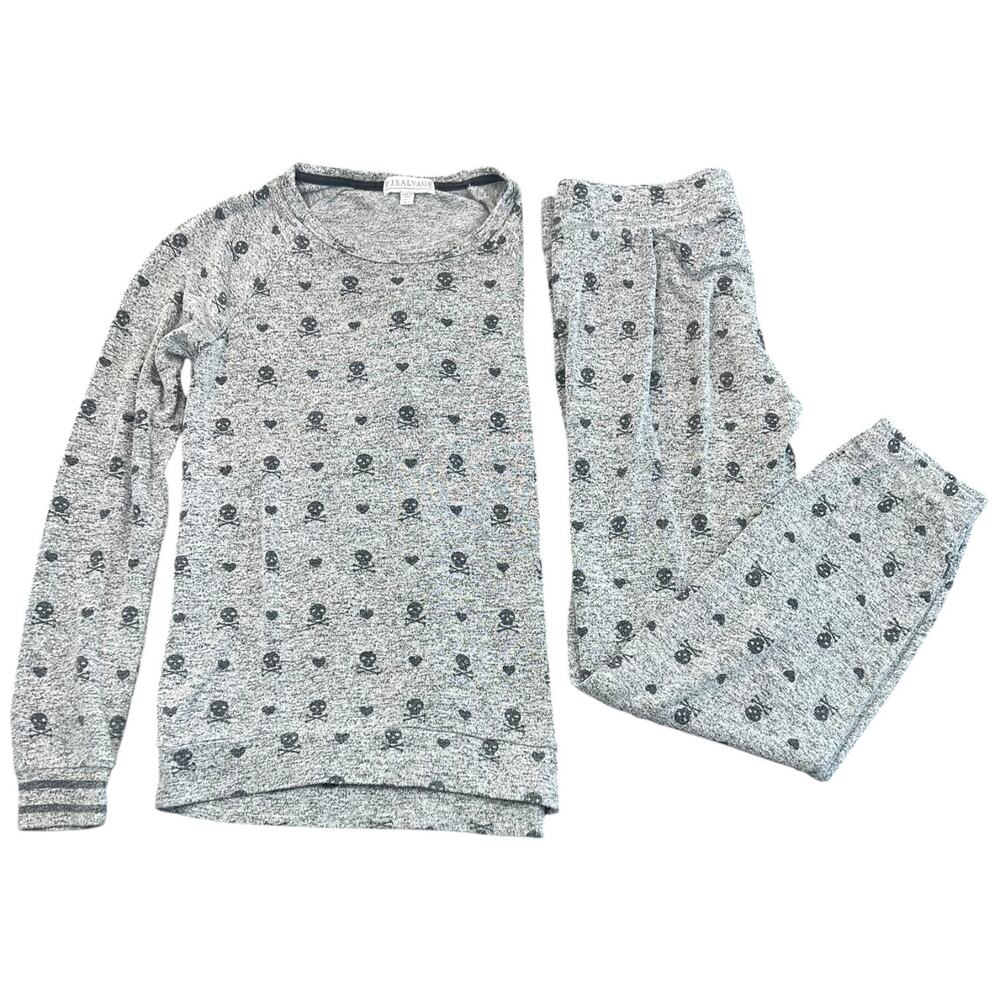 P.J. Salvage Skull Heart Print Lounge Pajama Set Gray Black Crewneck Jogger - S